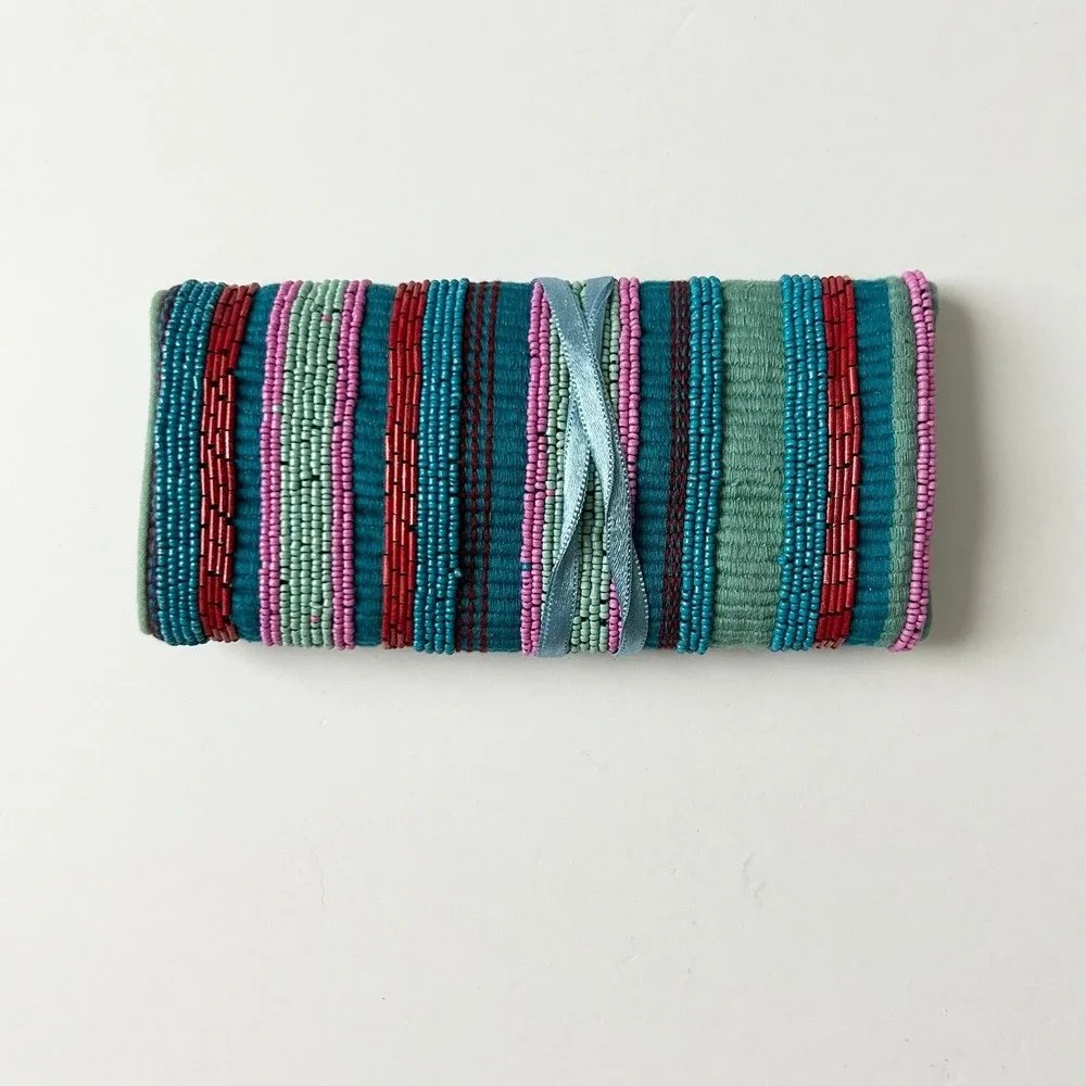 Anthropologie Danica Beaded Embellished Jewelry Roll Organizer Pouch Striped